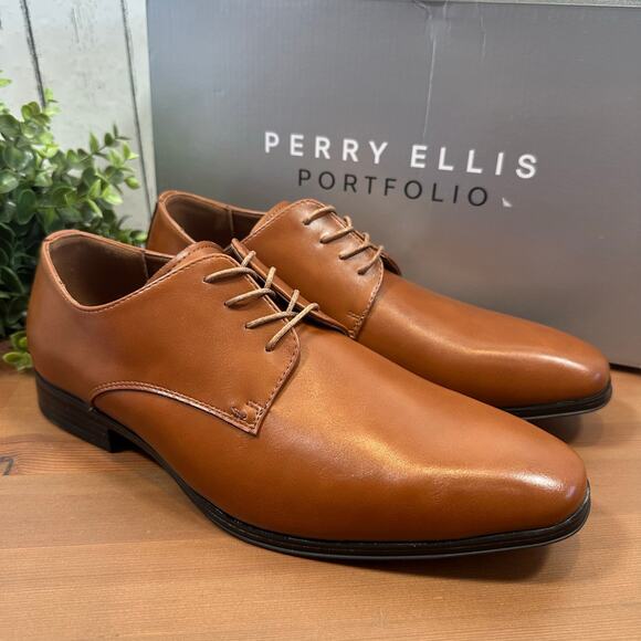 Perry Ellis Portfolio Men's Brown Leather Oxfords Shoes Size 10 - Picture 2 of 7